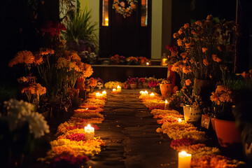 Wall Mural - Candlelit Path to Ofrenda Celebrating Day of the Dead Night Scene  