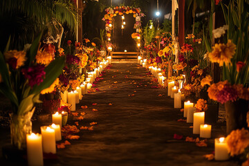 Wall Mural - Candlelit Path to Ofrenda Celebrating Day of the Dead Night Scene  