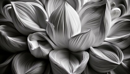 Wall Mural - Flowers reminiscent of sculpture in black, white, and gray tones. Abstract trendy background. Stock photo.