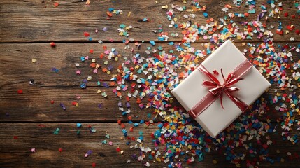 A top-down view of confetti scattered around a gift box, ready to be opened, on a wooden table.