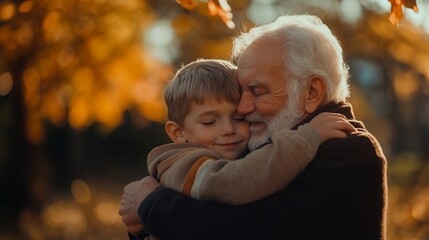 Wall Mural - A grandfather lovingly hugs his grandson in an autumn forest.