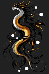 Wall Mural - Golden Dragon with Black Wings and White Dots on Dark Background