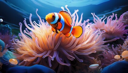 Illustration of an anemone with a vibrant clownfish swimming in an aquarium created with Generative AI technology