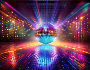 Wall Mural - Illustration of Disco Ball Sparkling on a Colorful Dance Floor created with Generative AI technology