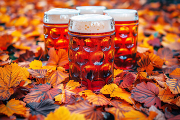 Wall Mural - Four mug of beer outdoors, surrounded by autumn leaves, Octoberfest