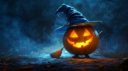 Poster - a halloween pumpkin wearing a witch hat and holding a broom . High quality 