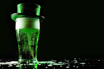 Glass of green beer in green festive leprechaun hat on black, St Patricks day concept, copyspace