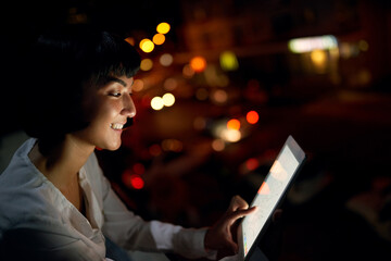 Poster - Tablet, night and happy business woman in city for creative illustration, art and deadline with screen. Tech, graphic designer and drawing on app, sketch and editing for project on bokeh at startup