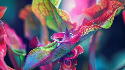 Canvas Print - Vivid, iridescent carnivorous plant leaves.