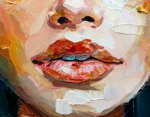 Wall Mural - It is an abstract painting fragment composed of a beautiful girl's lips painted with a palette knife and oil paint on round plywood.