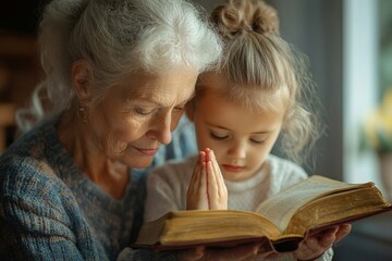 Bible, prayer or grandmother praying with kids or siblings for worship, support or hope in Christianity. Children education, family or old woman studying, reading book or learning God, Generative AI