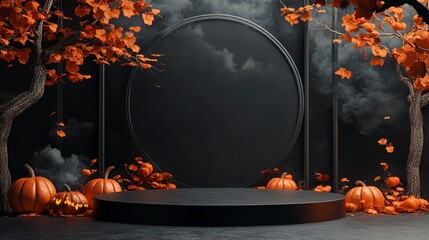 Poster - Scene with podium for mock up presentation in halloween style with pumpkins