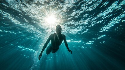 Wall Mural - A man is swimming in the ocean with the sun shining on him