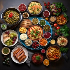 Wall Mural - Photo of a colorful and diverse spread of food on a table created with Generative AI technology