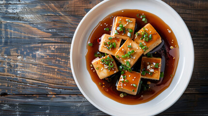 Wall Mural - Fried tofu cubes are served on a white plate with sauce and sesame seeds sprinkled on top