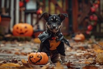 Canvas Print - Cute Puppy in a Leather Jacket with Pumpkins for Halloween