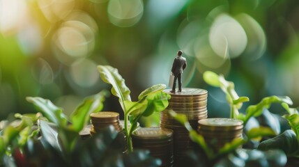 Wall Mural - Businessman on a Stack of Coins with Green Plants Growing Around Them