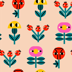 Wall Mural - various abstract flowers with eyes. set of quirky unique design elements. hand drawn trendy vector i
