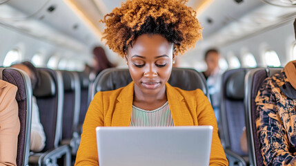 a woman with curly hair is sitting on a plane and using a laptop