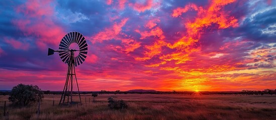 Wall Mural - Windmill Under a Fiery Sky