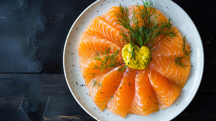 Wall Mural - Plated smoked salmon slices adorned with fresh dill and mustard sauce, perfect for serving as a delectable starter