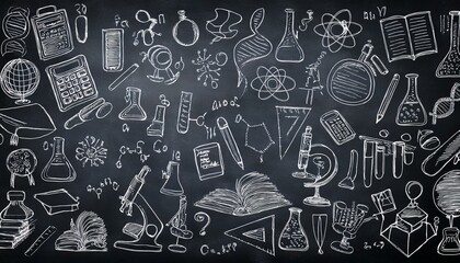 Science and education drawings on chalkboard, drawn in hand, on a blackboard. Stock photo.