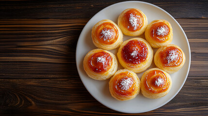 Canvas Print - Sweet filled puff pastry buns with a dusting of powdered sugar, arranged on a white plate atop a wooden table