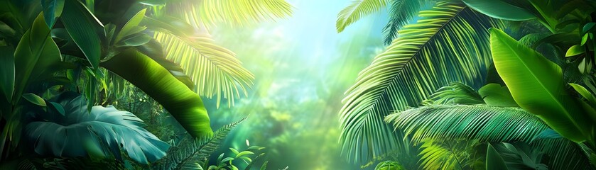 Canvas Print - Tropical Rainforest Jungle Canopy Sunlight Background.