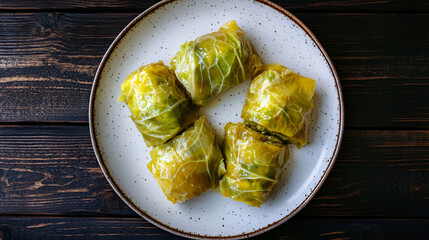 Poster - Cabbage rolls stuffed with meat and rice, served on a plate, shot from above on a dark rustic texture