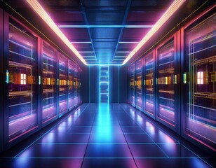 Wall Mural - Supercomputer racks in glass racks with beautiful neon lighting in a server room corridor. 3D rendering.