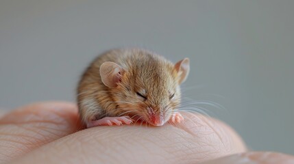 Sticker - Close-up of a Tiny Mouse Sleeping on a Hand