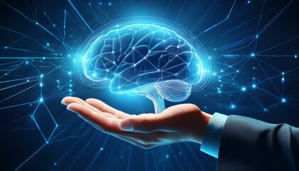 The idea for a web banner design template representing technology and AI business presentations features a hand holding a glowing brain with a blue background