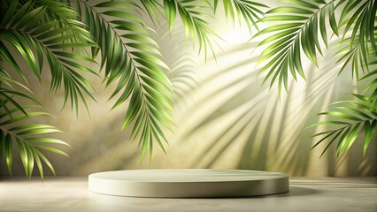 Realistic blurred natural light leaves and palm shadow overlay on wallpaper texture for product presentation podium , shadows