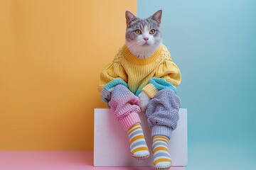 Wall Mural - Cute Cat in Colorful Knitwear