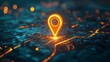 © horizon - Bright location pin icon, glowing orange, hovering over detailed city map, shallow depth of field, soft bokeh lights in background, vibrant colors, digital cartography concept.