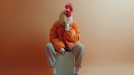 Rooster Head Man Sitting on a Cube