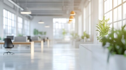 Wall Mural - Bright modern office space, blurred background, soft focus, white and clean interior, hanging pendant lights, large windows, natural light, minimalist design.