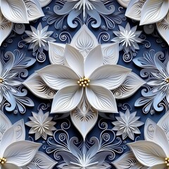 Canvas Print - White snowflakes and a vibrant white poinsettia flower adorn this paper quilling art. Seamless pattern. Seamless wall paper.