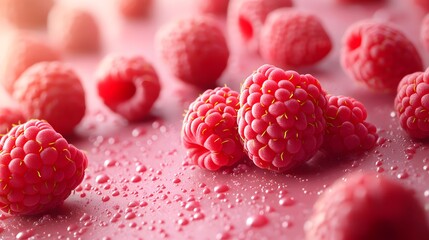 Fresh ripe raspberries on soft pink background, macro photography, vibrant red fruit, crisp details, shallow depth of field, floating berries, food photography.