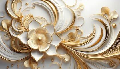 With intricate gold motifs and an elegant white color scheme, this wallpaper features a modern, 3D abstract design.