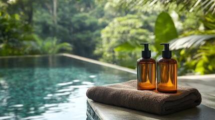 Amber cosmetic bottles placed on soft grey towels by a resort pool