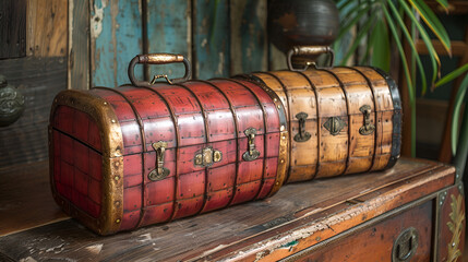  Two wooden chests placed on a rustic wooden table, showcasing their natural grain and craftsmanship.