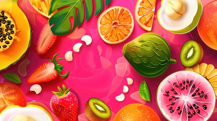 Wall Mural - Vibrant Fruit Collage on Pink Background.