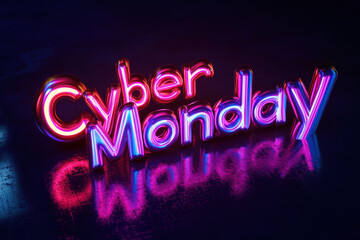 Poster - Neon cyber monday sign in pink and blue is reflecting on a polished concrete floor