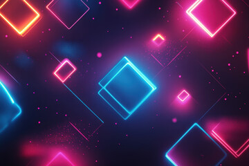 Poster - Colorful neon squares are floating on a dark background with particles, creating a futuristic atmosphere