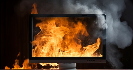 The computer screen displays an error. The computer is smoking and is on fire.