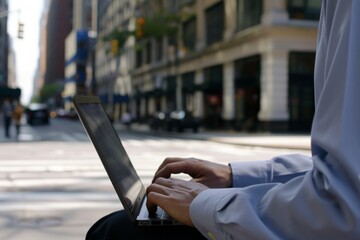 A man is sitting on the sidewalk with a laptop open in front of him. He is typing on the laptop while looking at the camera. The scene is set in a busy city street with cars and pedestrians around