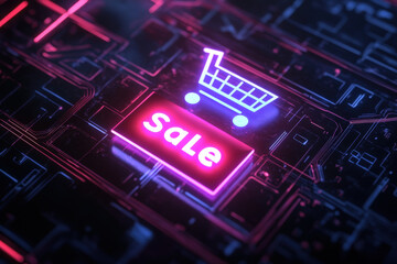 Poster - Neon shopping cart icon is hovering over a sale button on a circuit board