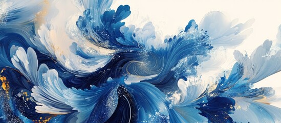 Ethereal pattern of swirling blue and gold waves creates a whimsical abstract design