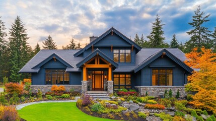 A large blue house with a large front porch and a large yard